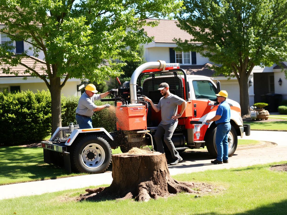 Tree service crew grinding a stump beside a chipper truck