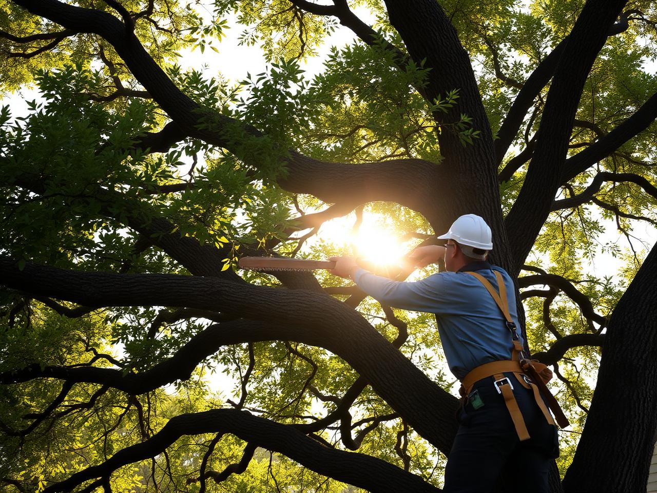 Certified arborist in a harness pruning a large oak canopy in Denton, Texas